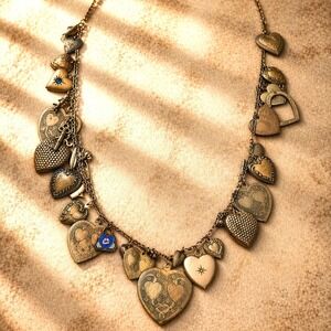 Vtg Pididdly Links 24" Charm Necklace Hearts Locket Angels Gold Tone 25+ Charms